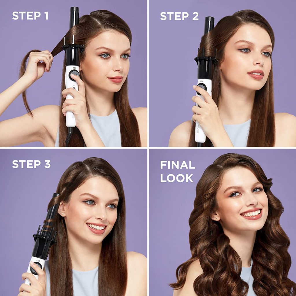 This image contains how to use Kiss Ceramic Instawave Automatic Hair Curler